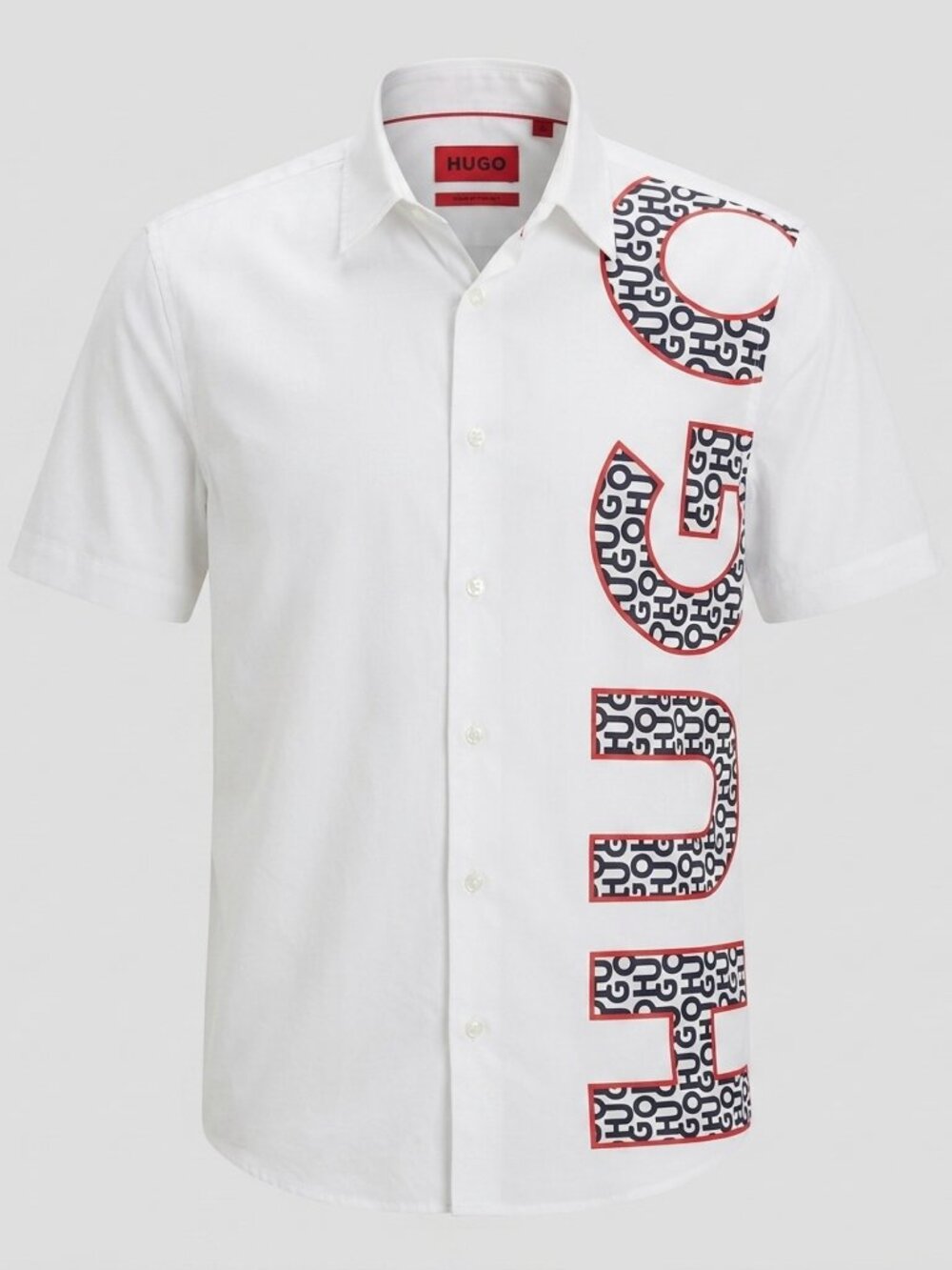 HUGO Boss Mens White Logo Pattern Short Sleeve Button Shirt Size S NWT